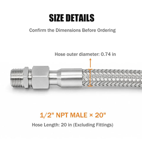 High Grade Top Shelf Air Compressor Jumper Hose 1/2 Inch Npt X 20 Inch Flexible Braided Tube close-up with fittings and size details.