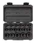 Open case showing Beefy Half Inch Drive Shallow Six Point Impact Socket Set With Case Seventeen Piece From Five Sixteenths To One And One Quarter Inches Dual Size Laser Markings On Every Socket.