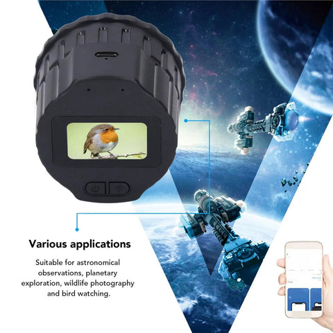 Wireless Eyepiece Camera for Telescopes and Microscopes 1080P video 4MP photos displayed with planetary background and phone app
