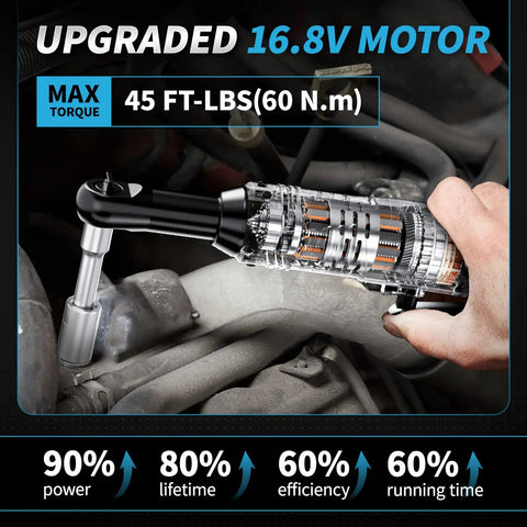 Cordless Ratchet Wrench Set With 16.8V Beefy Power 45 Ft Lbs Torque 550 RPM Dual Cooling Extended Run Time Heavy Duty Build Includes 2x 2Ah Batteries One Quarter Inch Adapter 3 Inch Extension Bar Variable Speed Electric Tool Kit In Blue in engine bay