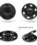 20 Sets Of 21mm Snap Buttons For Fabric And Clothes Metal Sew On Snaps Heavy Duty Snap Fasteners For Sewing Jackets Shirts DIY Crafts In Black And Silver Kit, black snap button close-up view.