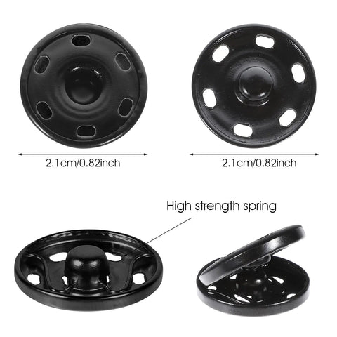 20 Sets Of 21mm Snap Buttons For Fabric And Clothes Metal Sew On Snaps Heavy Duty Snap Fasteners For Sewing Jackets Shirts DIY Crafts In Black And Silver Kit, black snap button close-up view.