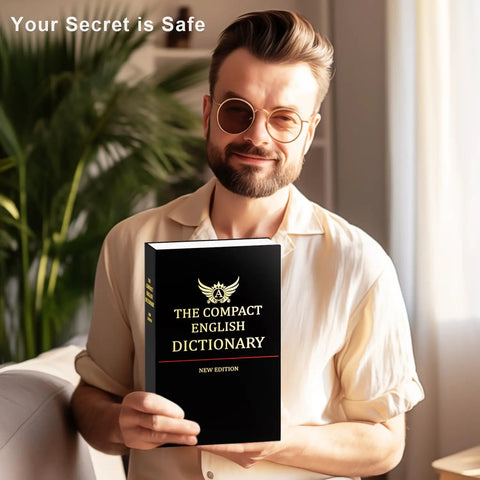 Person holding Book Safe Dictionary Diversion With Combination Lock And Fireproof Money Bag hidden storage that looks like a real book.