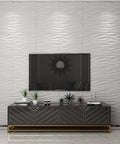 Living room with Wavy White PVC Wall Panels Pack Of 12, 19.7x19.7 Inches, Lightweight And Fire Resistant accent behind TV.