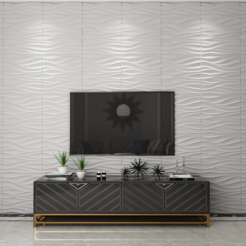 Living room with Wavy White PVC Wall Panels Pack Of 12, 19.7x19.7 Inches, Lightweight And Fire Resistant accent behind TV.