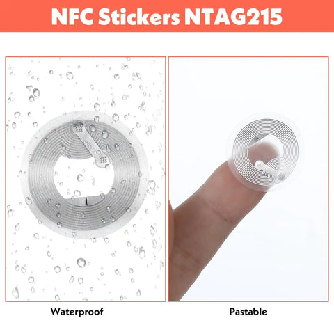 50 Pcs NFC Tags Stickers With NTAG215 Chip Rewritable Transparent Adhesive Labels Round 1 Inch Coins, waterproof detail shown