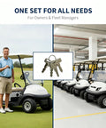 Top Shelf Universal Golf Cart Key Set Including Eight Heavy Duty Replacement Keys Plus Four Slick Rings For Ezgo Club Car Yamaha Carts displayed with golf carts.