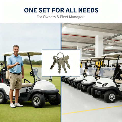 Top Shelf Universal Golf Cart Key Set Including Eight Heavy Duty Replacement Keys Plus Four Slick Rings For Ezgo Club Car Yamaha Carts displayed with golf carts.