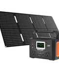 Hella Durable 300W Portable Power Station With 222Wh Battery Capacity next to solar panel, designed for camping and emergencies.