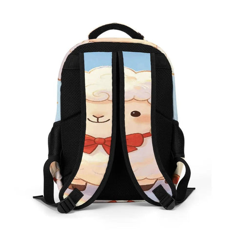 Back view of Star Spangled Lamb Print Unisex Backpack showing lamb print shoulder straps and black breathable polyester material.