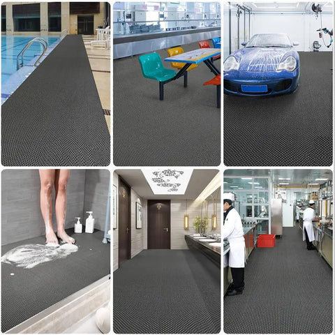 Hella Tough Non Slip Pvc Floor Mat, Cuttable Poolside Runner For Garage And Commercial Spaces, Super Water Draining Vinyl Rug With Killer Grip, Gray 3 By 35 Feet displayed in various environments including poolside and kitchens.