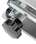 8x8 inch lab scissor jack with stainless steel frame and black adjustment knob, close-up view