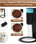 Bad Ass Home Barista Essential Kit Includes 58mm Spring Loaded Tamper Magnetic WDT Tool with stand for espresso shot preparation.