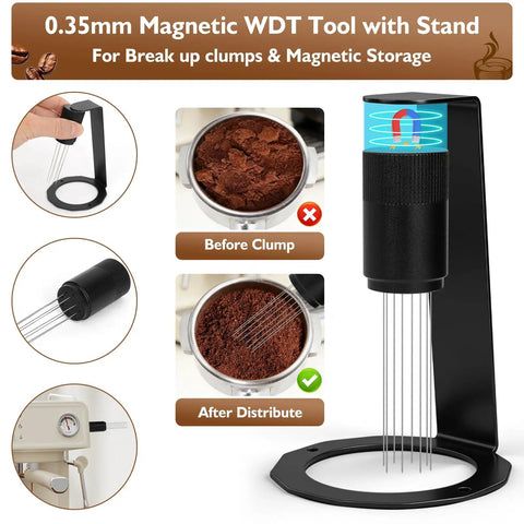Bad Ass Home Barista Essential Kit Includes 58mm Spring Loaded Tamper Magnetic WDT Tool with stand for espresso shot preparation.