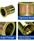 Close-up views of rivet nuts with splined body, large flange, high-strength threads from 880 Piece Rivet Nut Kit With 6-32 8-32 10-24 1/4-20 5/16-18 3/8-16 1/2-13 Carbon Steel Yellow Zinc Plated Flat Head Rivet Nuts In Durable Case For Auto Body DIY Projects.