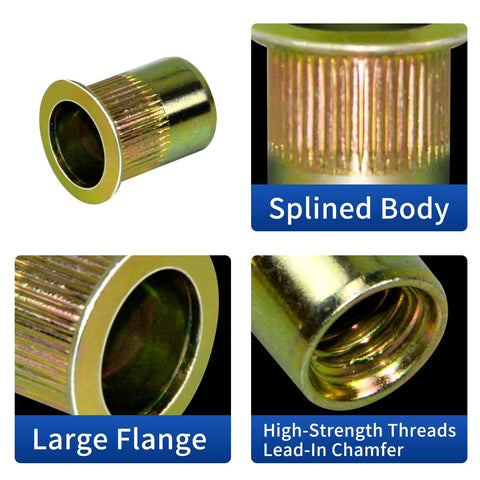 Close-up views of rivet nuts with splined body, large flange, high-strength threads from 880 Piece Rivet Nut Kit With 6-32 8-32 10-24 1/4-20 5/16-18 3/8-16 1/2-13 Carbon Steel Yellow Zinc Plated Flat Head Rivet Nuts In Durable Case For Auto Body DIY Projects.