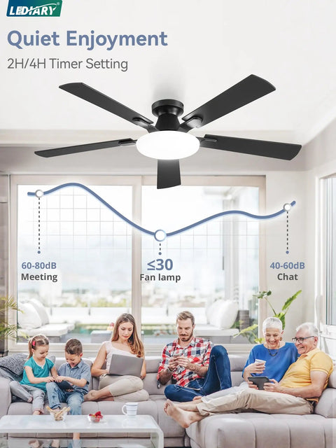 Family relaxing under 52 Inch Ceiling Fan With Lights And Remote 30W LED Panel Flush Mount Modern Low Profile Ceiling Fan