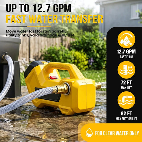 Brushless Cordless Water Transfer Pump For Yard Drainage And Job Site Projects Heavy Duty Utility Machine Built For 20 V Tool Batteries with clear water hose