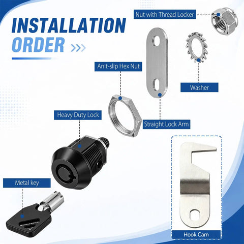 Installation order for 2 Pack Black Toolbox Locks With Keys Tubular Cam Locks Keyed Alike Hook Cam Replacement Locks Set.