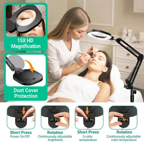 Beautician using Real Glass Magnifying Desk Lamp with 3 In 1 LED Lighting, Clip On Base Clamp and Floor Stand for precise work