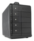 Heavy Duty Aluminum 5 Bay USB4 40Gbps External Drive Enclosure With Silicone Grip Sleeve, black casing, side view.
