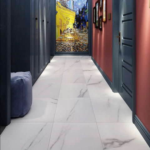 White Peel And Stick Floor Tiles 12x12 Inch 16 Pack Waterproof Vinyl Flooring in hallway with art, blue doors, and red walls.
