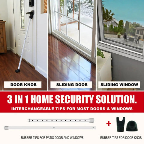 3 In 1 Door Security Bar And Barricade For Home Apartment Or Travel with adjustable iron lock bar, interchangeable caps for doors.