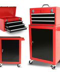 Hella Durable Three Drawer Rolling Tool Chest With Removable Top Box And Adjustable Cabinet Shelf Featuring Heavy Duty Door Hooks For Weekend Projects In Bold Red, showing three drawers and a black door