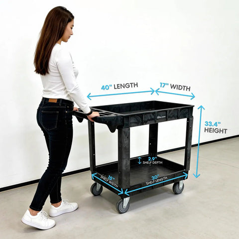 Woman pushing Heavy Duty Rolling Utility Cart With Ergonomic Handle And Deep Shelves For Garage, Warehouse Or Workshop, 40x33x17 in