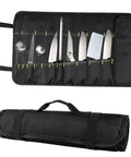 Portable Canvas Knife Roll Bag For Chef Knives And Cutlery, Heavy-Duty Knife Storage Case open with knives visible