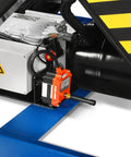 Close-up of motor and hydraulic system on Heavy Duty Wireless Remote Control Electric Hydraulic Lift Table With 2200 Lb Capacity.