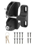 No Sweat Key Lockable Double Swinging Gate Latch, black finish with keys and screws, designed for outdoor metal, wood, or vinyl fences.