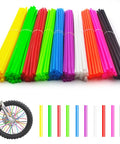 180 Pcs Spoke Skins And Covers In 10 Dope Color Mix for bikes, wheelchairs, motocross, showing colorful spoke covers with bike wheel design.