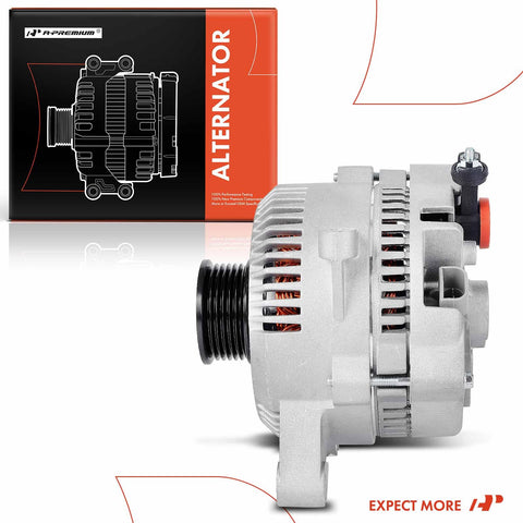 Side view of Beefed-Up 12V 130A Alternator for Ford Super Duty Trucks 2005-2008 F250 F350 F450 F550 with packaging box