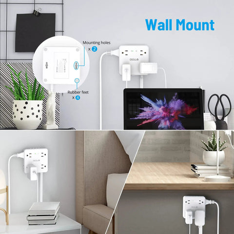 Wall-mounted Ultra Thin Flat Plug Surge Protector Power Strip with 10ft Cord, eight outlets, and USB ports in home office.