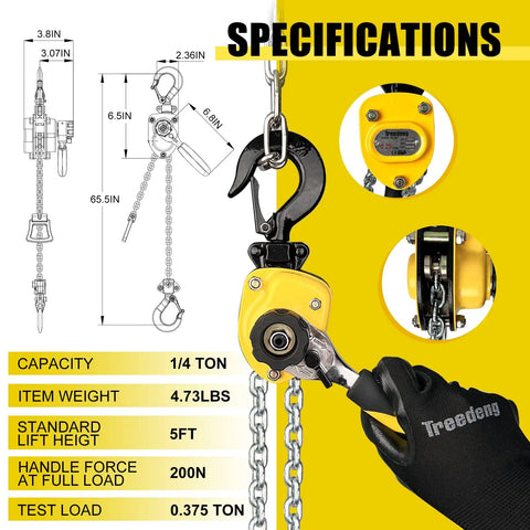 Tiny But Mighty Chain Hoist One Quarter Ton 550 Lbs Capacity Five Foot Lift Come Along With G80 Chain And Hook Portable
