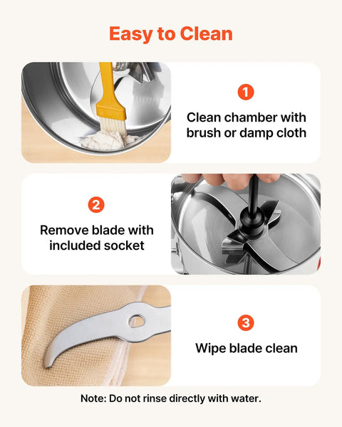 Cleaning guide for Electric Grain Mill Grinder 750g Capacity High Speed 2000W Commercial Pulverizer, using brush, socket, and cloth.