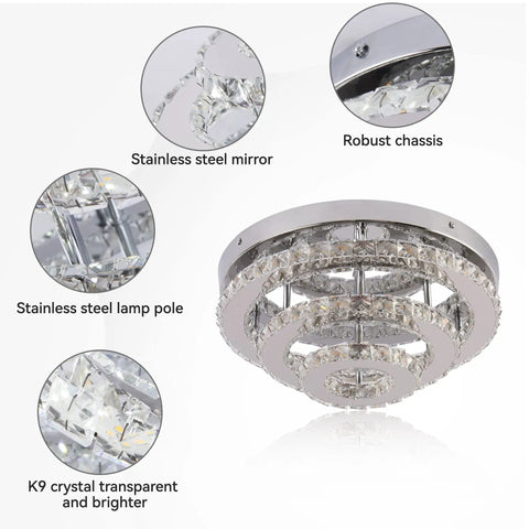 3 Tier Crystal Chandelier LED Flush Mount Ceiling Light 13.8 Inch Round Fixture with K9 Crystal and Stainless Steel Finish