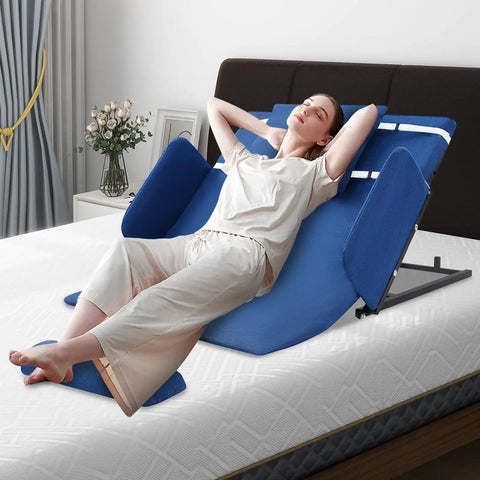 Heavy Duty Electric Bed Backrest With Wireless Remote Control For Elderly Seniors Adjustable Reclining Lift Smooth Operator Ride No Sweat Home Upgrade with blue padding and adjustable angle.