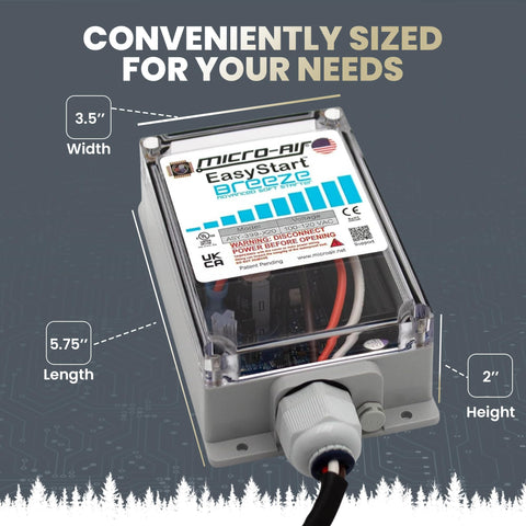 Easy Start Breeze 399 Soft Starter For RV Air Conditioners with dimensions 3.5" x 5.75" x 2", shown in compact design