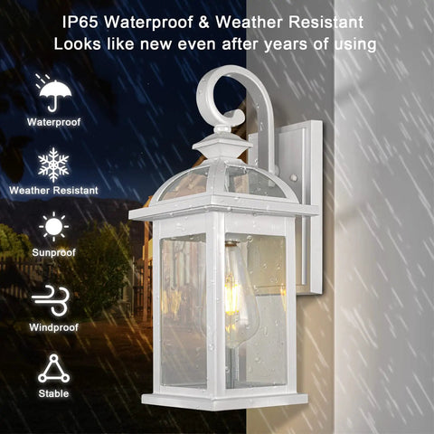 Outdoor Wall Sconce Lighting Set With Seeded Glass Weatherproof Exterior Fixtures Rustproof Aluminum Mounts White