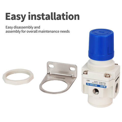 3/8 Inch NPT Air Pressure Regulator For Air Compressors With No Fuss Easy Pull Knob, 0-145 PSI Operating Range, 145 Max, 89 CFM Flow, Gauge 0-160 PSI, AR3000-03 Drying System Compatible with blue knob, mounting bracket, and ring.