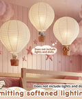 Three Piece 14 Inch Hot Air Balloon Lampshade Set Without Light White Linen Fabric Hanging Decorations For Nursery Kids Room Living Room Baby Shower Party Gift hanging in pink room