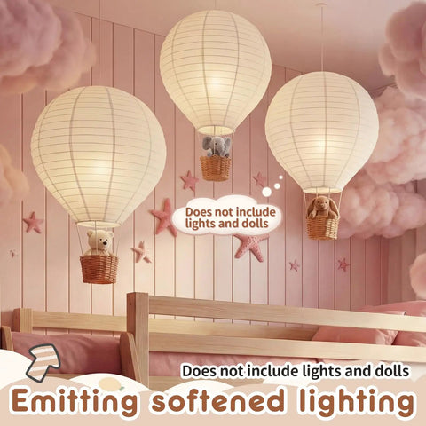 Three Piece 14 Inch Hot Air Balloon Lampshade Set Without Light White Linen Fabric Hanging Decorations For Nursery Kids Room Living Room Baby Shower Party Gift hanging in pink room