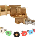 Brass pressure washer pivoting elbow connector; 8-piece kit with 7 color-coded nozzle tips and 1/4-inch quick-connect