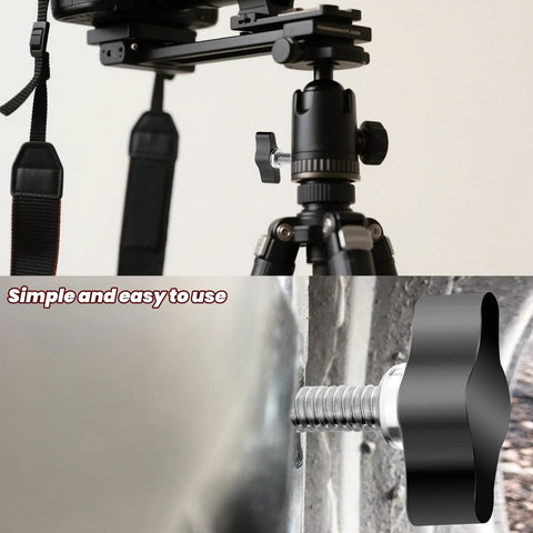 Four Piece Heavy Duty Stainless Steel Wing Knob Set Featuring Quarter Inch Coarse Thread And Rugged Black Grip For Quick Adjustable Fastening No Sweat Tweaks Built Like A Tank And Solid For Every Job on tripod and mounted