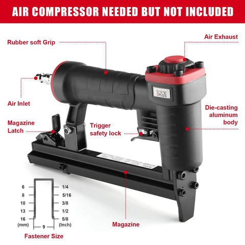 22 Gauge 3/8 Inch Crown Pneumatic Upholstery Stapler For 71 Series Staples, 1/4 To 5/8 Inch Length, air inlet, trigger lock
