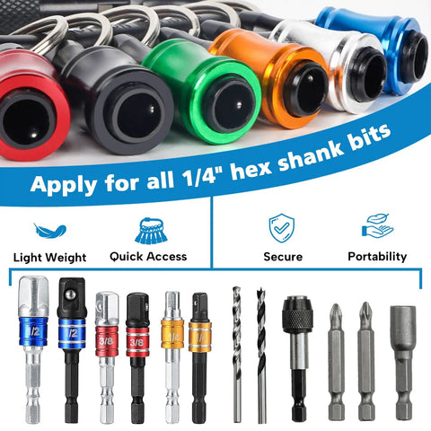 One Quarter Inch Bit Holder Keychain Set Of 6 Quick Release Hex Shank Bit Holders For Nut Driver, Screwdriver And Drill Bits With Carabiner shown in colorful design with hex bits.