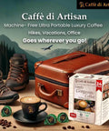 Nilgiris Organique Liquid Coffee Pods Medium Dark Arabica Roast 24 Count packaging on a wooden table with hiking gear.