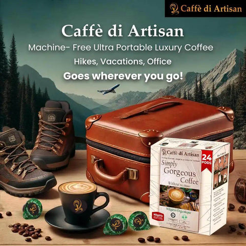 Nilgiris Organique Liquid Coffee Pods Medium Dark Arabica Roast 24 Count packaging on a wooden table with hiking gear.